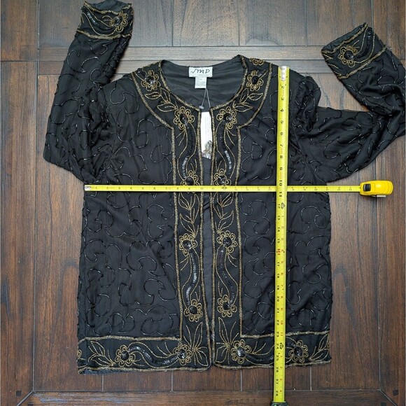 JMD New York Black Sequin Beaded Silk Elegant Dinner Evening Jacket Size Large - Picture 6 of 10